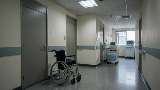 Imagem gerada por IA: Cadeira de rodas em corredor de hospital, diante de uma porta de centro cirúrgico.