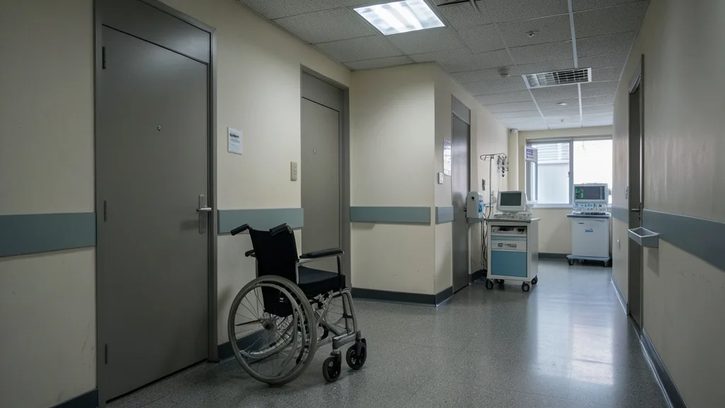 Imagem gerada por IA: Cadeira de rodas em corredor de hospital, diante de uma porta de centro cirúrgico.