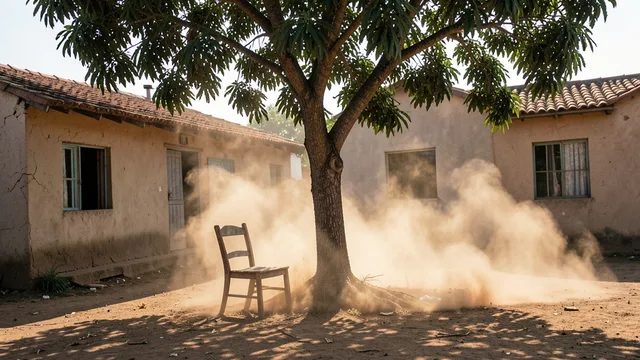 Imagem gerada por IA: Cadeira sob uma árvore enquanto um redemoinho levanta areia em frente a uma casa.