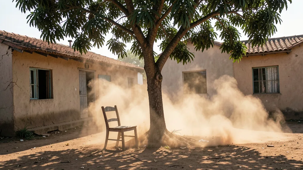 Imagem gerada por IA: Cadeira sob uma árvore enquanto um redemoinho levanta areia em frente a uma casa.