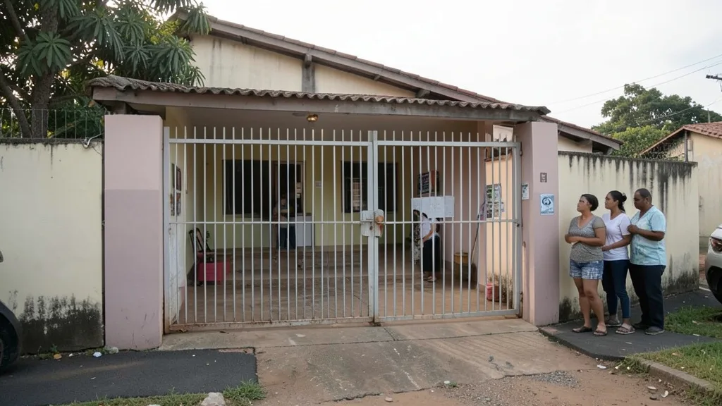 Imagem gerada por IA: Entrada fechada de uma unidade de saúde no início da manhã, com pessoas aguardando do lado de fora.