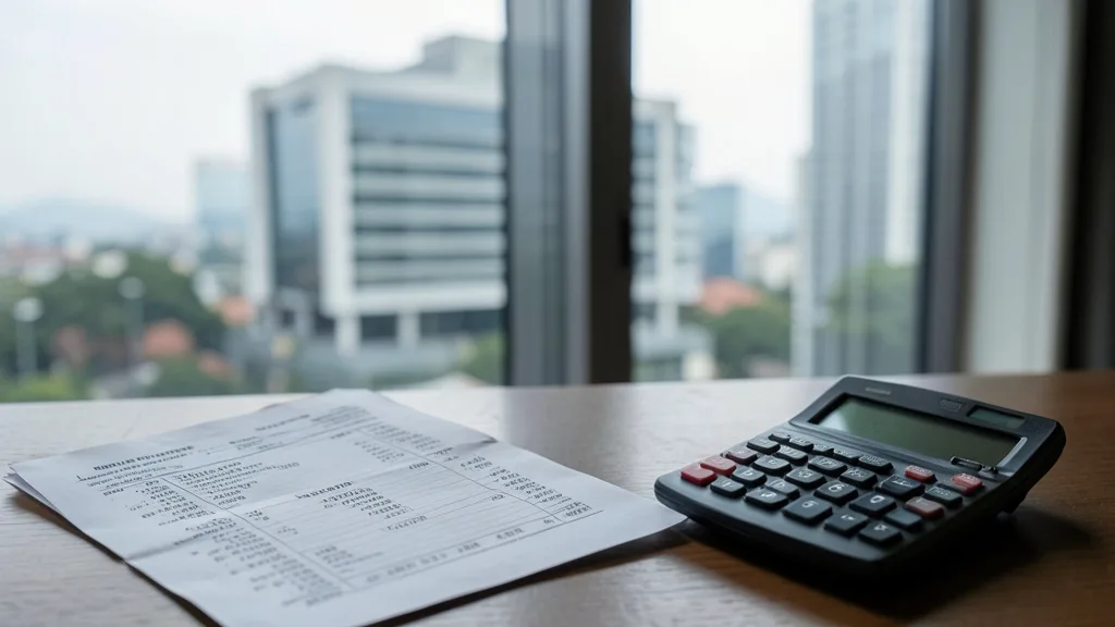 Imagem gerada por IA: Documentos orçamentários e uma calculadora diante de um prédio governamental desfocado.