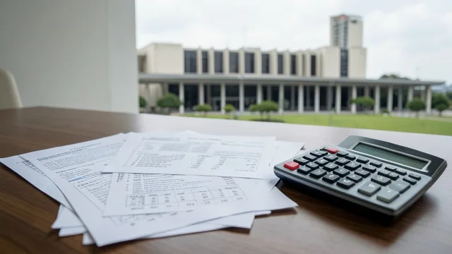 Imagem gerada por IA: Documentos orçamentários e calculadora diante do Congresso Nacional, em Brasília.