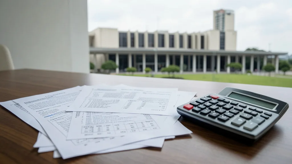 Imagem gerada por IA: Documentos orçamentários e calculadora diante do Congresso Nacional, em Brasília.