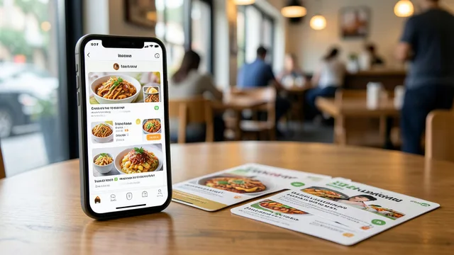 Celular com aplicativo de entrega ao lado de cartões genéricos de benefícios em uma mesa de restaurante.