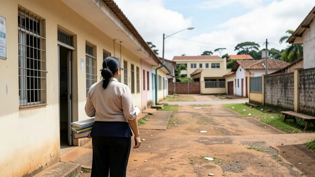 Imagem gerada por IA: Professora caminha em um campus enquanto um hospital aparece ao fundo.