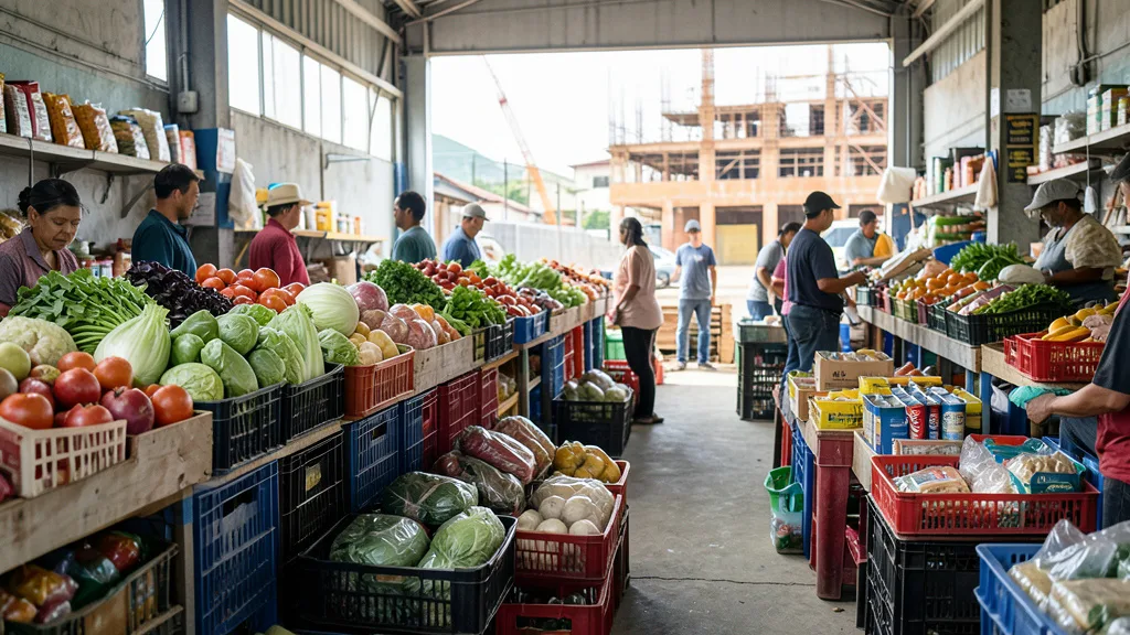 Imagem gerada por IA: Produtos em um mercado atacadista, com uma construção ao fundo.