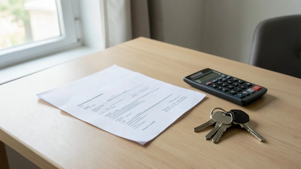 Imagem gerada por IA: Contrato de aluguel sem texto legível, calculadora e chaves sobre uma mesa.