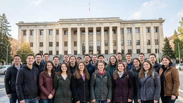 Imagem gerada por IA: Estudantes reunidos diante do Parlamento da Sérvia em Belgrado.