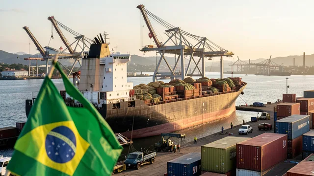 Navio cargueiro em um porto brasileiro, com contêineres e equipamentos de carga ao fundo.