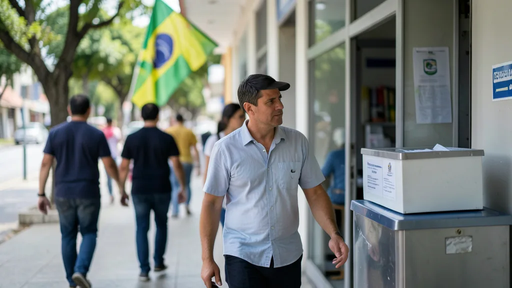 Imagem gerada por IA: Eleitor deixa local de votação ao lado de uma urna e de uma bandeira do Brasil.