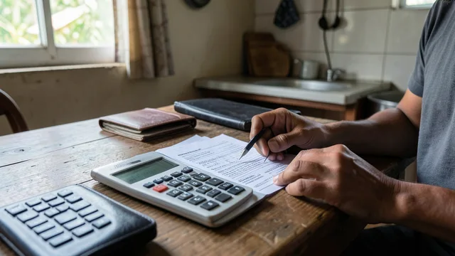 Imagem gerada por IA: Consumidor organiza contas e documentos financeiros sobre uma mesa.