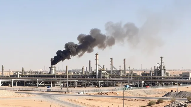 Coluna de fumaça sobre uma instalação industrial de petróleo na Arábia Saudita.