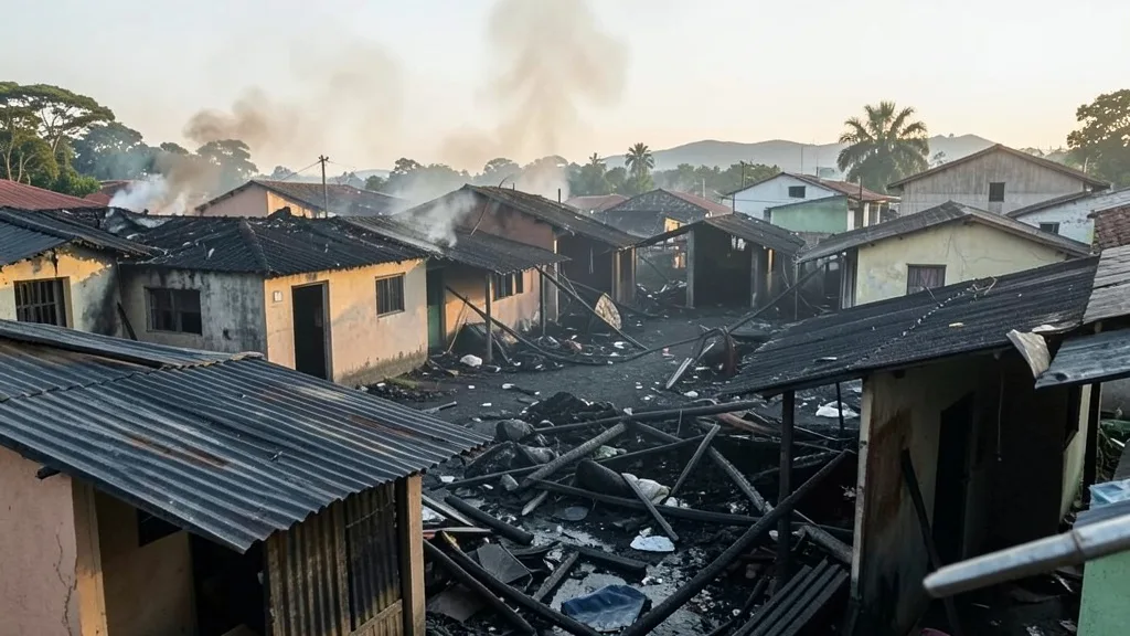 Imagem gerada por IA: Destroços de moradias destruídas por incêndio em bairro de Pelotas.