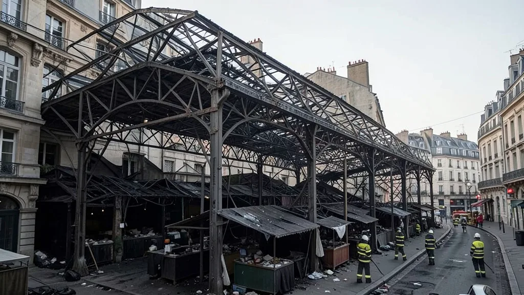 Imagem gerada por IA: Estrutura metálica parcialmente desabada no mercado histórico após o incêndio em Paris.