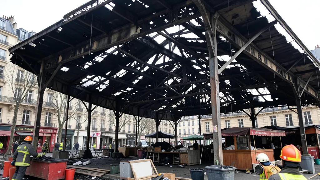 Imagem gerada por IA: Estrutura danificada pelo incêndio no mercado coberto Marché des Enfants Rouges, em Paris.