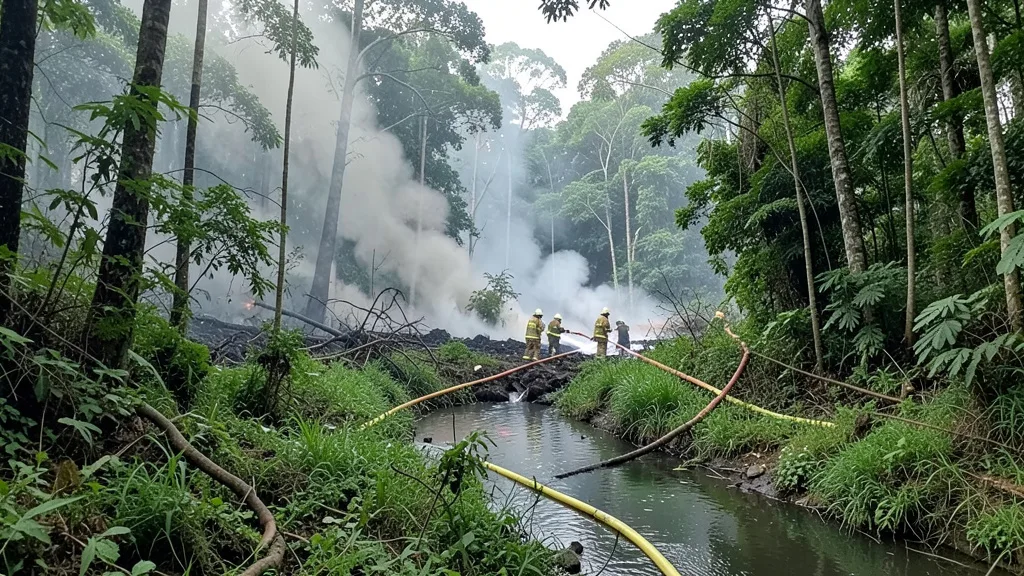 Imagem gerada por IA: Bombeiros combatem incêndio em área de mata próxima a Alter do Chão, no Pará.