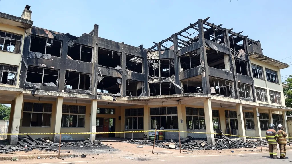 Imagem gerada por IA: Prédio universitário com pavimentos superiores destruídos pelo incêndio.