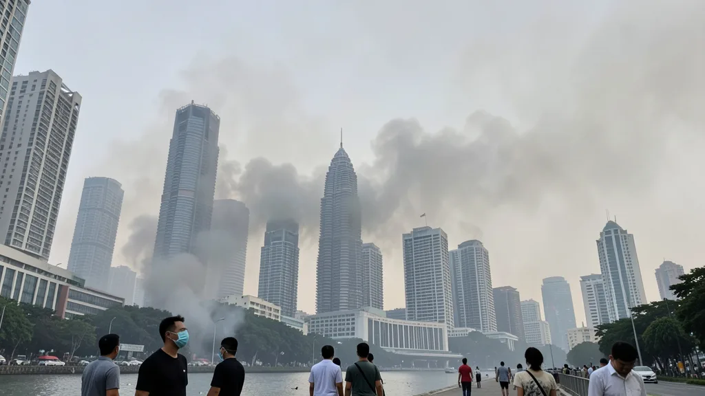 Imagem gerada por IA: Névoa de fumaça encobre parcialmente os prédios de Singapura.