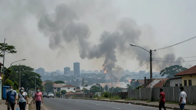 Imagem gerada por IA: Fumaça encobre parte de Manaus, com moradores usando máscaras em uma rua da cidade.