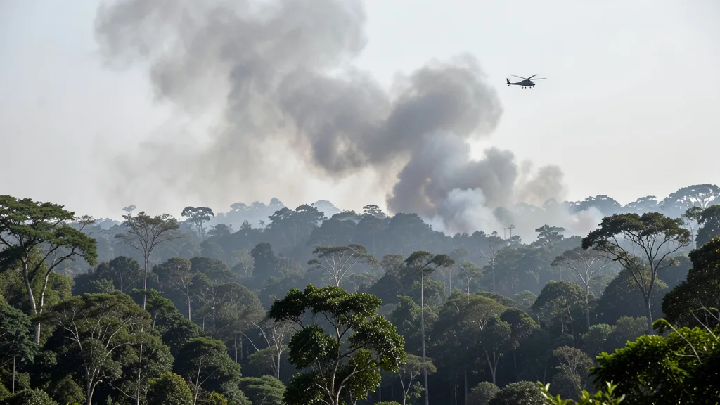 Imagem gerada por IA: Fumaça sobre a floresta amazônica enquanto uma aeronave atua ao longe.