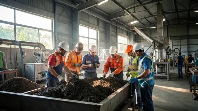 Imagem gerada por IA: Profissionais analisam amostras de minerais em uma instalação de processamento industrial.