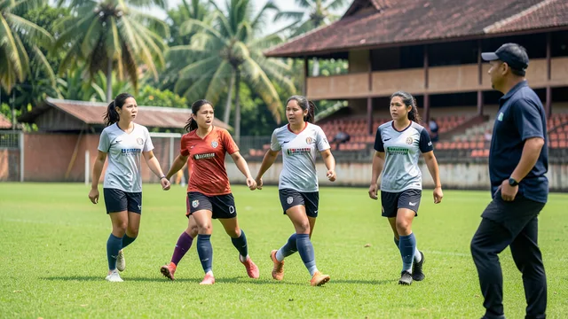 Imagem gerada por IA: Jogadoras de futebol treinam em um campo na Indonésia.