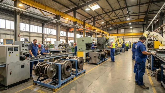 Imagem gerada por IA: Máquinas e linha de produção em uma fábrica de manufatura.
