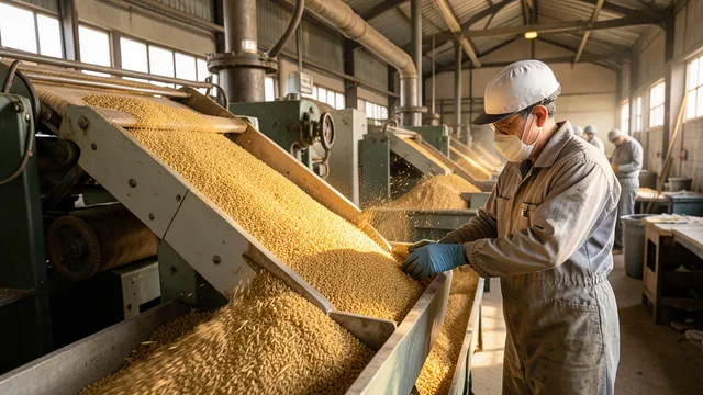 Imagem gerada por IA: Grãos de trigo seguem por uma esteira em uma indústria de moagem de farinha.