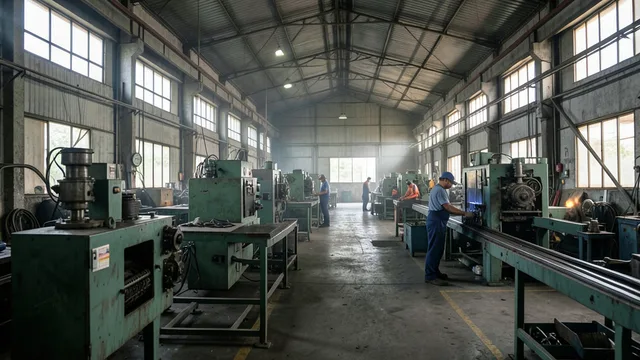Imagem gerada por IA: Máquinas em uma linha de produção industrial.