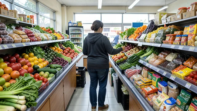 Imagem gerada por IA: Consumidor escolhe frutas e verduras em uma seção de hortifrúti de supermercado.