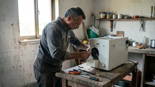 Imagem gerada por IA: Profissional autônomo realiza um reparo em uma oficina, representando serviços que dependem da mão de obra.
