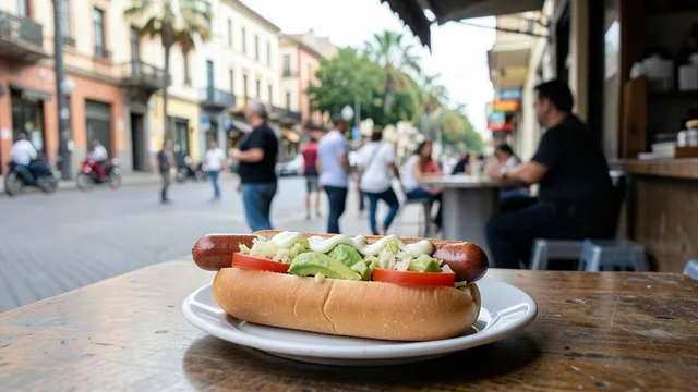 Completo chileno servido em uma lanchonete simples no centro de Santiago.