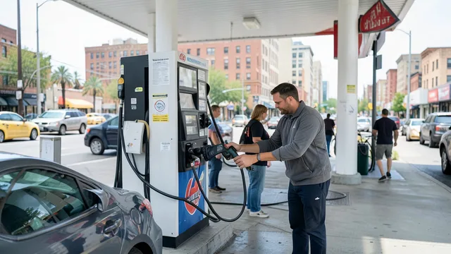 Imagem gerada por IA: Motorista abastece um carro em um posto de gasolina nos Estados Unidos.