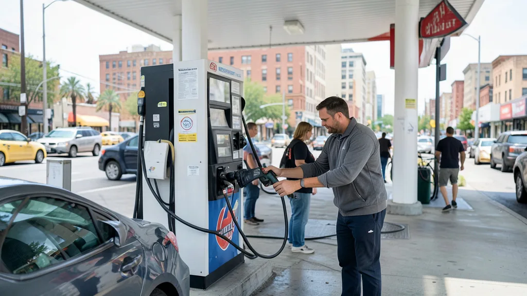 Imagem gerada por IA: Motorista abastece um carro em um posto de gasolina nos Estados Unidos.
