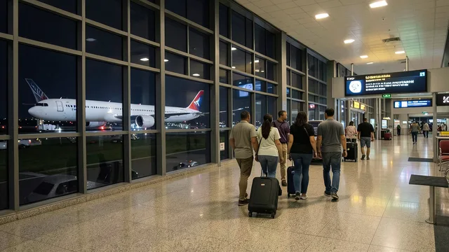 Imagem gerada por IA: Passageiros com malas chegam à área de desembarque de um aeroporto brasileiro à noite.
