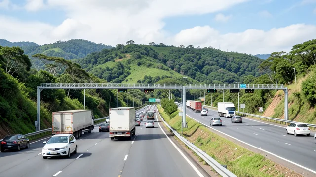 Imagem gerada por IA: Veículos trafegam por uma rodovia entre colinas verdes no Rio Grande do Sul.