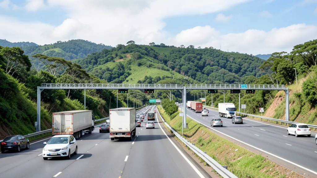 Imagem gerada por IA: Veículos trafegam por uma rodovia entre colinas verdes no Rio Grande do Sul.