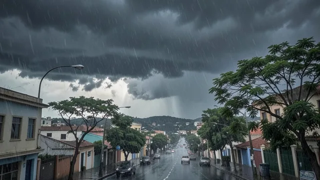 Imagem gerada por IA: Nuvens escuras e chuva forte avançam sobre uma cidade, com árvores inclinadas pelo vento.