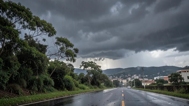Imagem gerada por IA: Nuvens carregadas e chuva intensa sobre uma área urbana do Sul do Brasil.