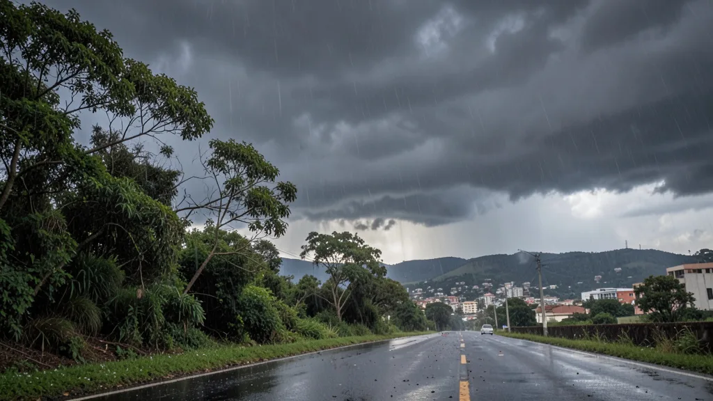 Imagem gerada por IA: Nuvens carregadas e chuva intensa sobre uma área urbana do Sul do Brasil.