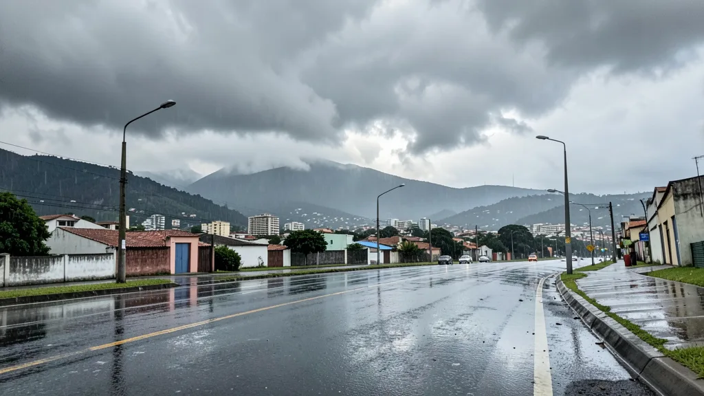 Nuvens carregadas e chuva sobre uma cidade do Sudeste, com ruas molhadas e morros encobertos pela névoa.