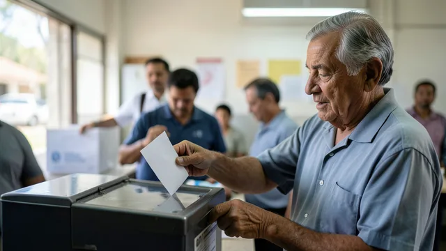 Imagem gerada por IA: Eleitor idoso deposita uma cédula sem marcações em uma urna, em local de votação.