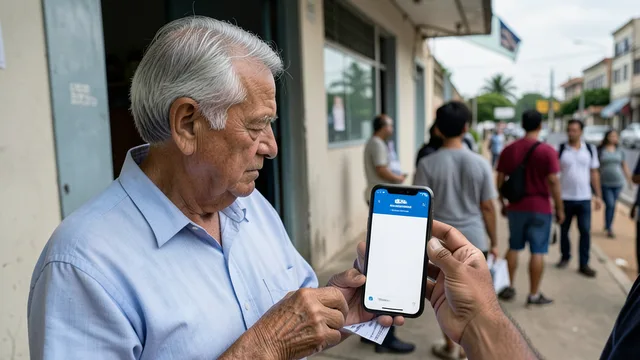 Eleitor idoso segura um documento e um celular diante de um local de votação.