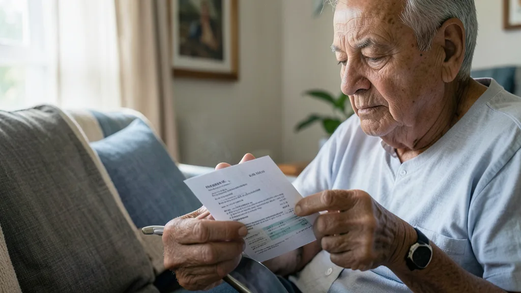Imagem gerada por IA: Pessoa idosa consulta um extrato de pagamento ao lado de um celular.