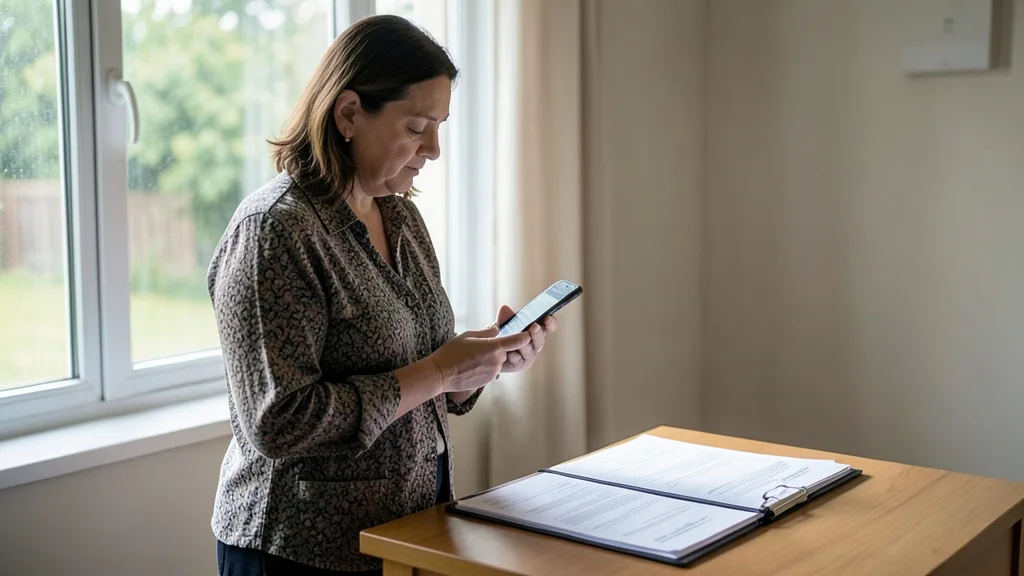 Imagem gerada por IA: Mulher consulta informações em um celular ao lado de documentos, em ambiente reservado.