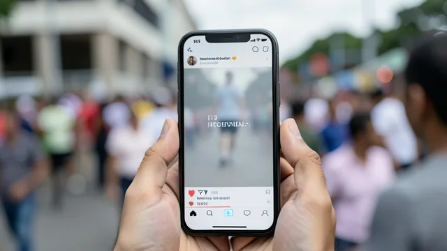 Celular mostra uma publicação desfocada com aviso de checagem, diante de um local de evento público.