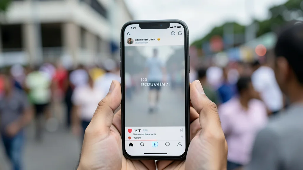 Celular mostra uma publicação desfocada com aviso de checagem, diante de um local de evento público.