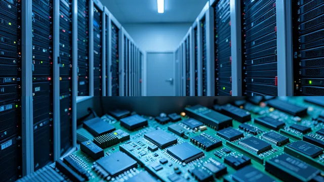 Imagem gerada por IA: Módulos de memória e processadores diante de fileiras de servidores em um centro de dados.