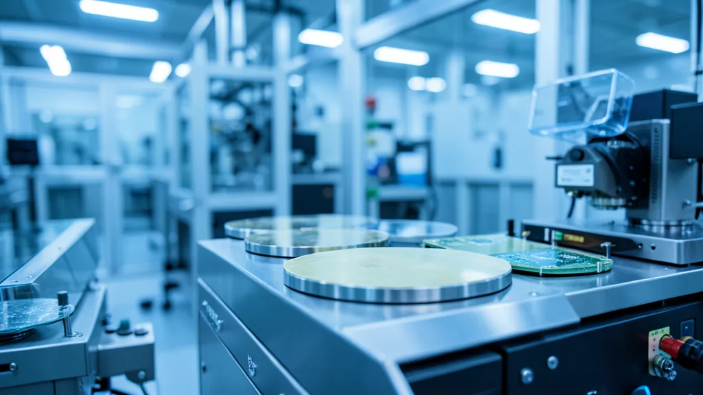 Imagem gerada por IA: Wafer de silício em uma instalação de fabricação de chips.